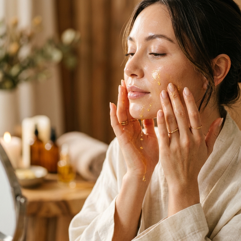 Mulher aplicando skincare